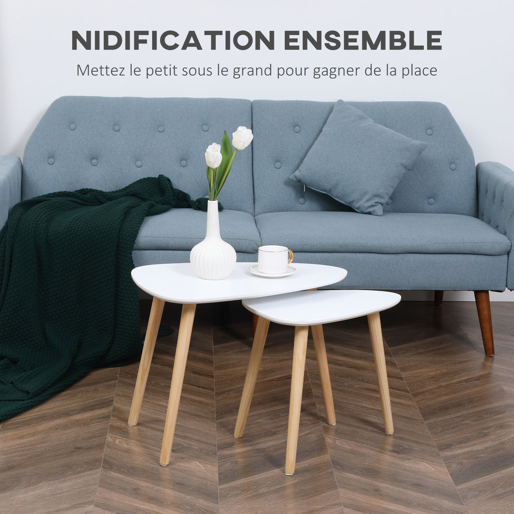Lot de 2 tables basses gigognes design scandinave pieds en bois et plateau en bois, blanc
