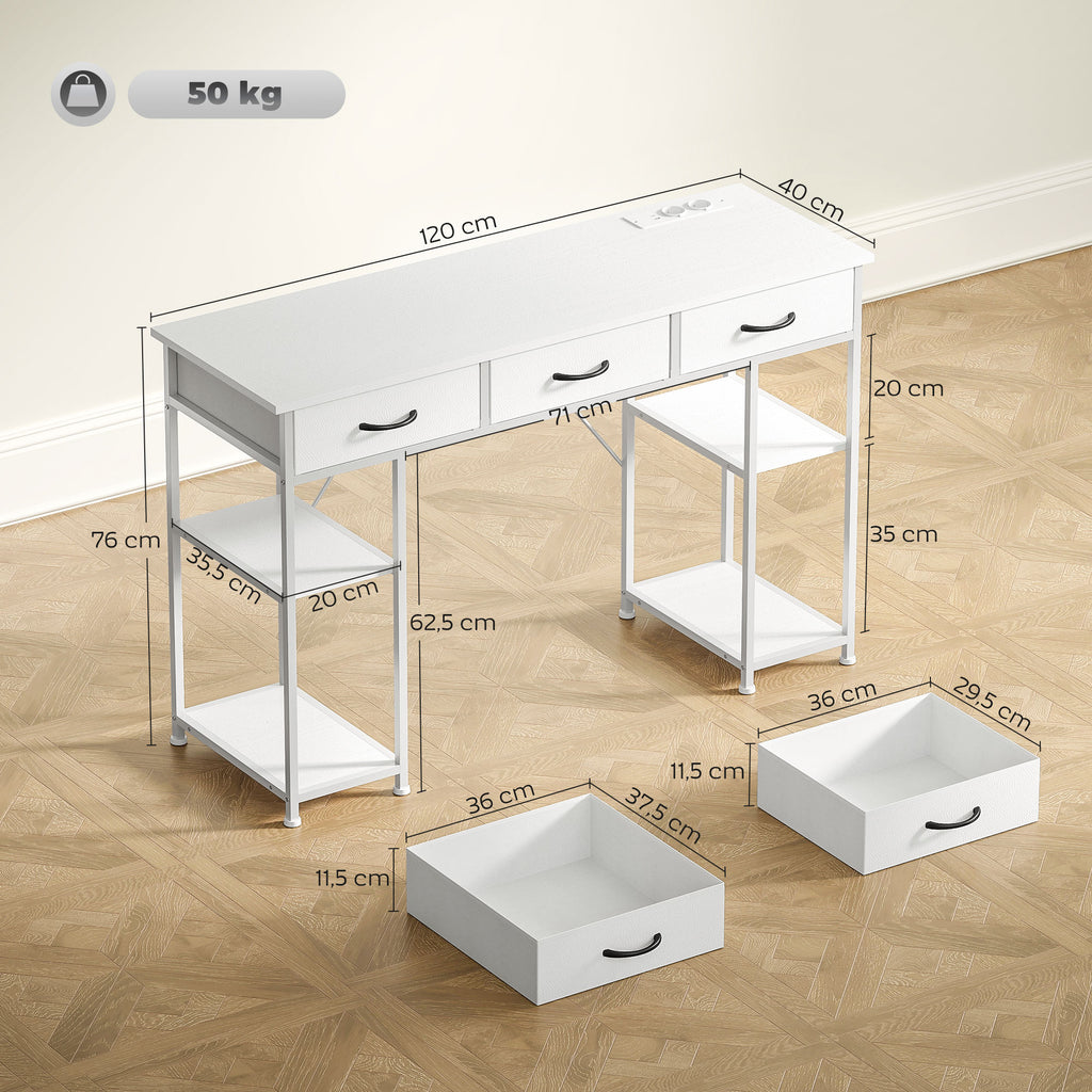 Bureau avec rangement avec prises de courant, 3 tiroirs en tissu et 4 étagères de rangement, 120 x 40 x 76 cm, blanc