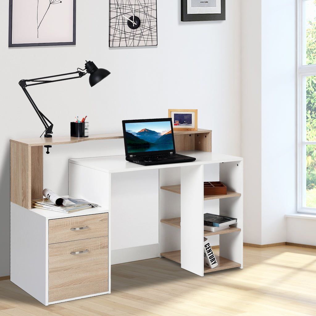 Bureau informatique avec 2 tiroirs, bureau avec rangement, 137 x 55 x 92 cm, étagères ouvertes et tablette