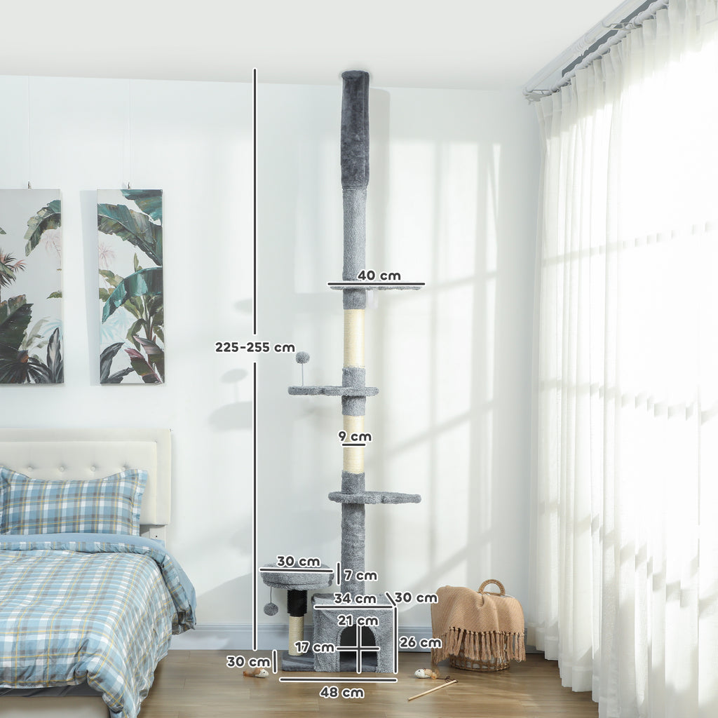 Arbre à chat du sol au plafond, tour à chat réglable en hauteur 225-255 cm à plusieurs niveaux, revêtement peluche, gris