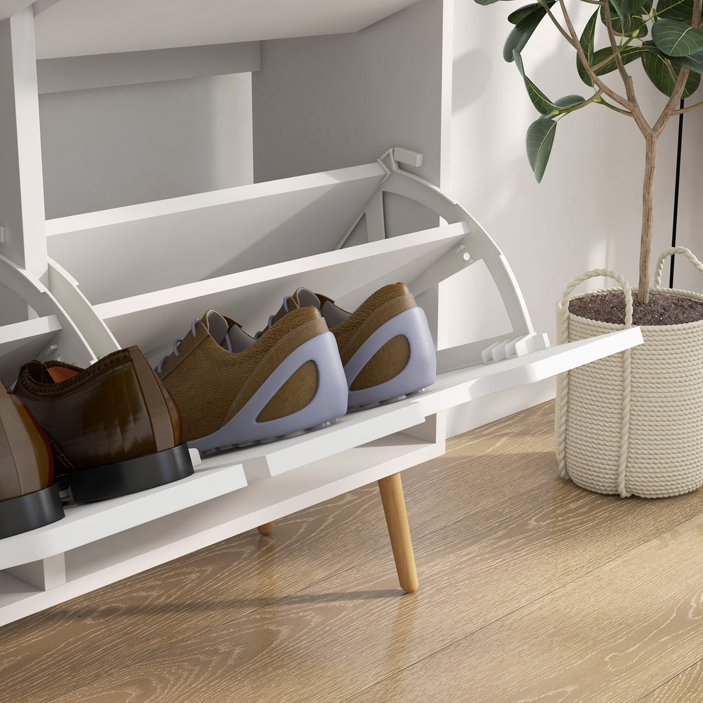 Meuble à chaussures 4 abattants 16 paires avec étagère réglable pieds en bois de pin 95 x 26 x 95 cm blanc