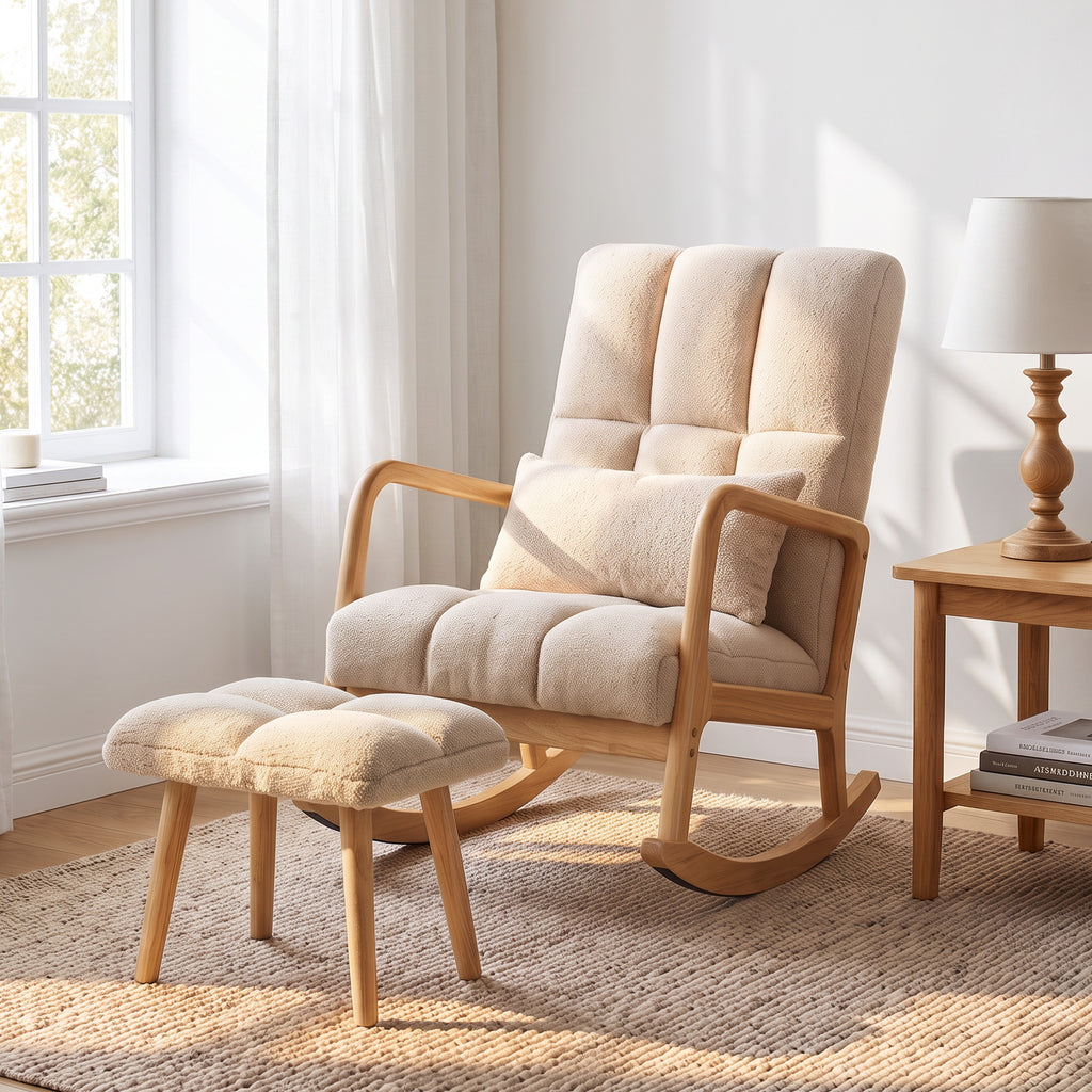 Fauteuil à Bascule avec Repose-Pieds, Rocking Chair en Tissu Bouclette, Pieds en Bois, 64,5 x 82 x 89 cm, Beige