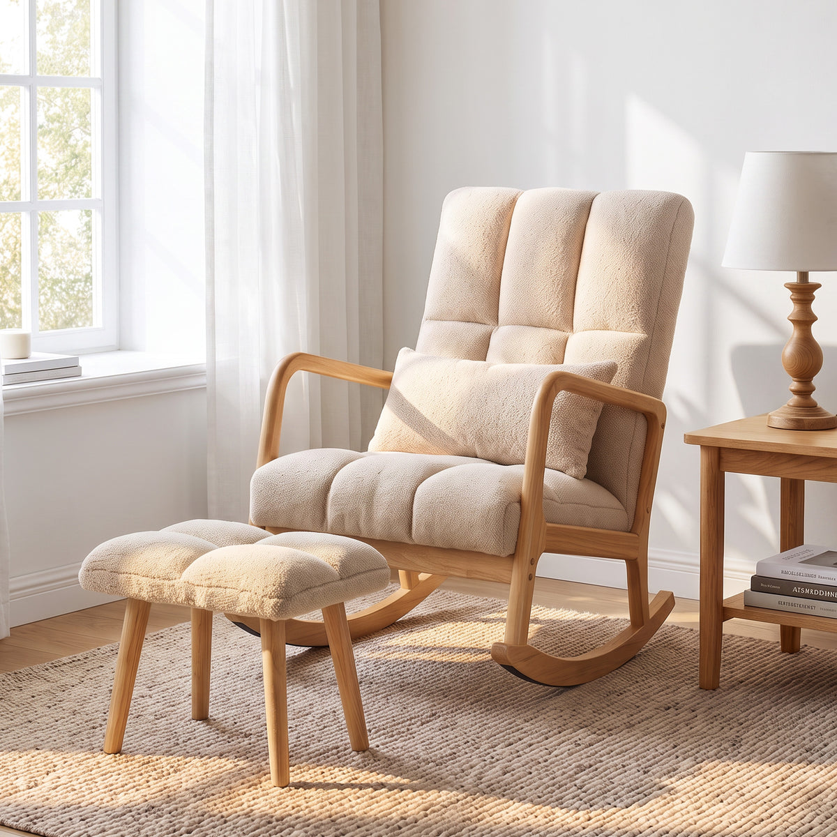 Fauteuil à Bascule avec Repose-Pieds, Rocking Chair en Tissu Bouclette, Pieds en Bois, 64,5 x 82 x 89 cm, Beige