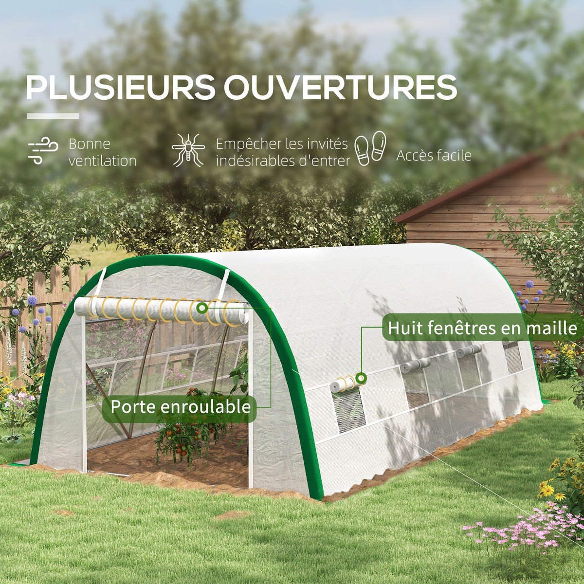Serre de Jardin Tunnel 18 m² dim. 6L x 3l x 2H m - 8 fenêtres, Porte zippée Enroulable, Acier galvanisé, bâche PE, Blanc