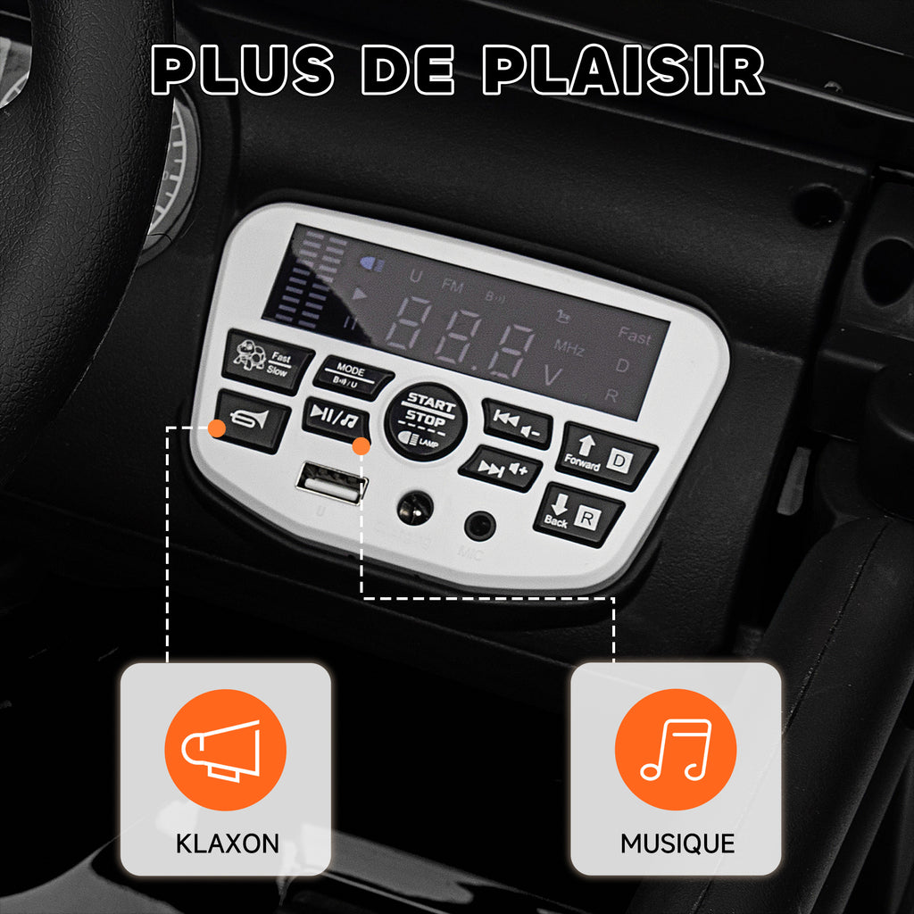 Voiture électrique enfants UTV avec télécommande 2,4G, 2 moteurs 12 V, musique, klaxon, lumières LED, 100x63x65cm, noir