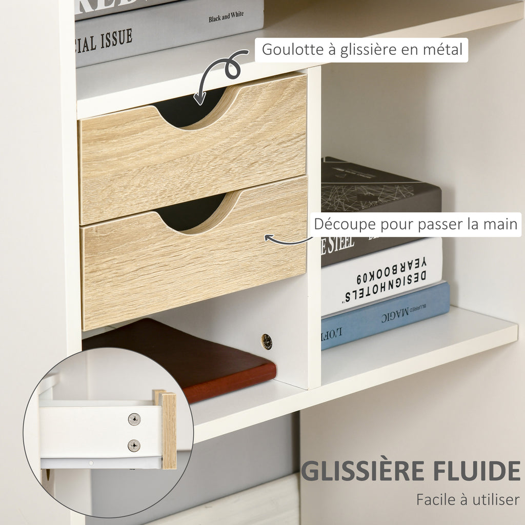 Bureau d'Angle avec 2 Tiroirs, 120 x 60 cm, Bureau en L avec 3 Compartiments Ouverts, Table Informatique pour Étudier, Travailler, Chambre, Maison, Chêne Clair