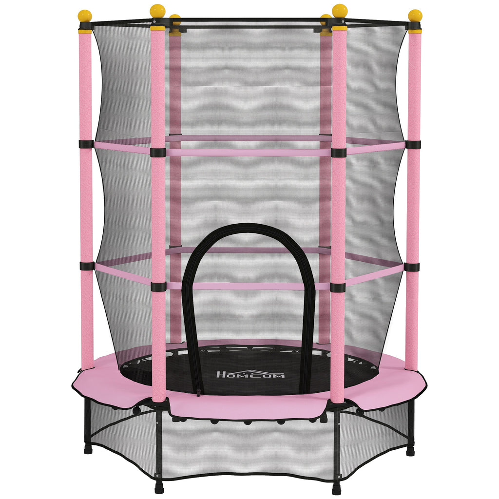 Trampoline Enfant Ø 1,40 × 1,90H m Filet de sécurité Porte zipée Couvre-Ressorts 6 poteaux rembourrés Inclus Rose