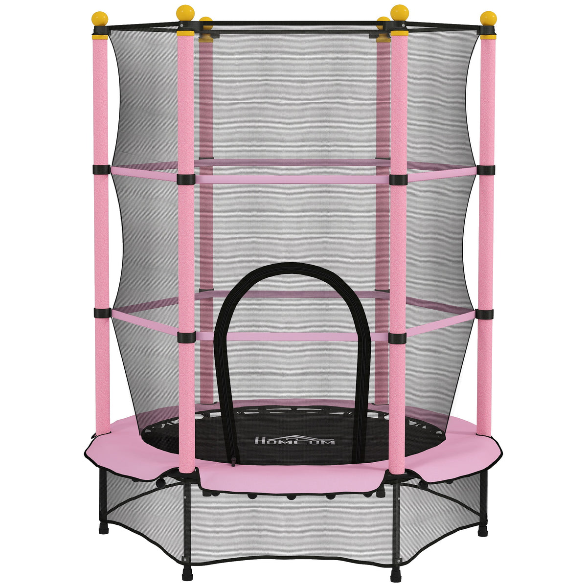Trampoline Enfant Ø 1,40 × 1,90H m Filet de sécurité Porte zipée Couvre-Ressorts 6 poteaux rembourrés Inclus Rose