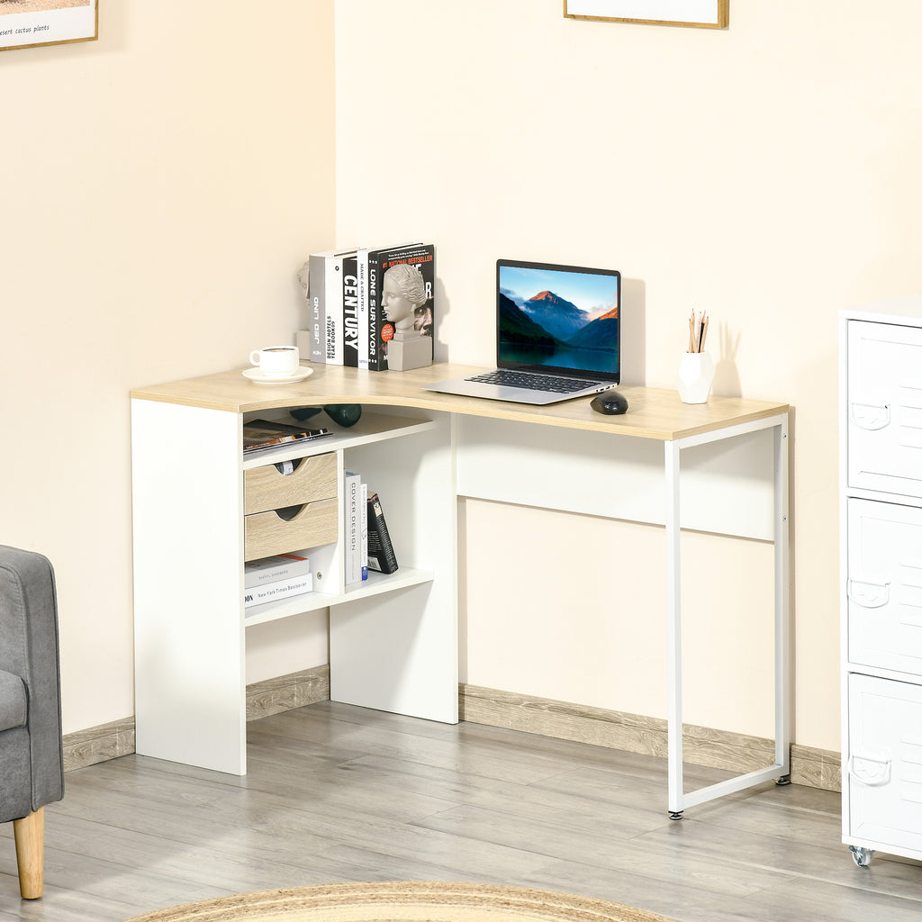 Bureau d'Angle avec 2 Tiroirs, 120 x 60 cm, Bureau en L avec 3 Compartiments Ouverts, Table Informatique pour Étudier, Travailler, Chambre, Maison, Chêne Clair
