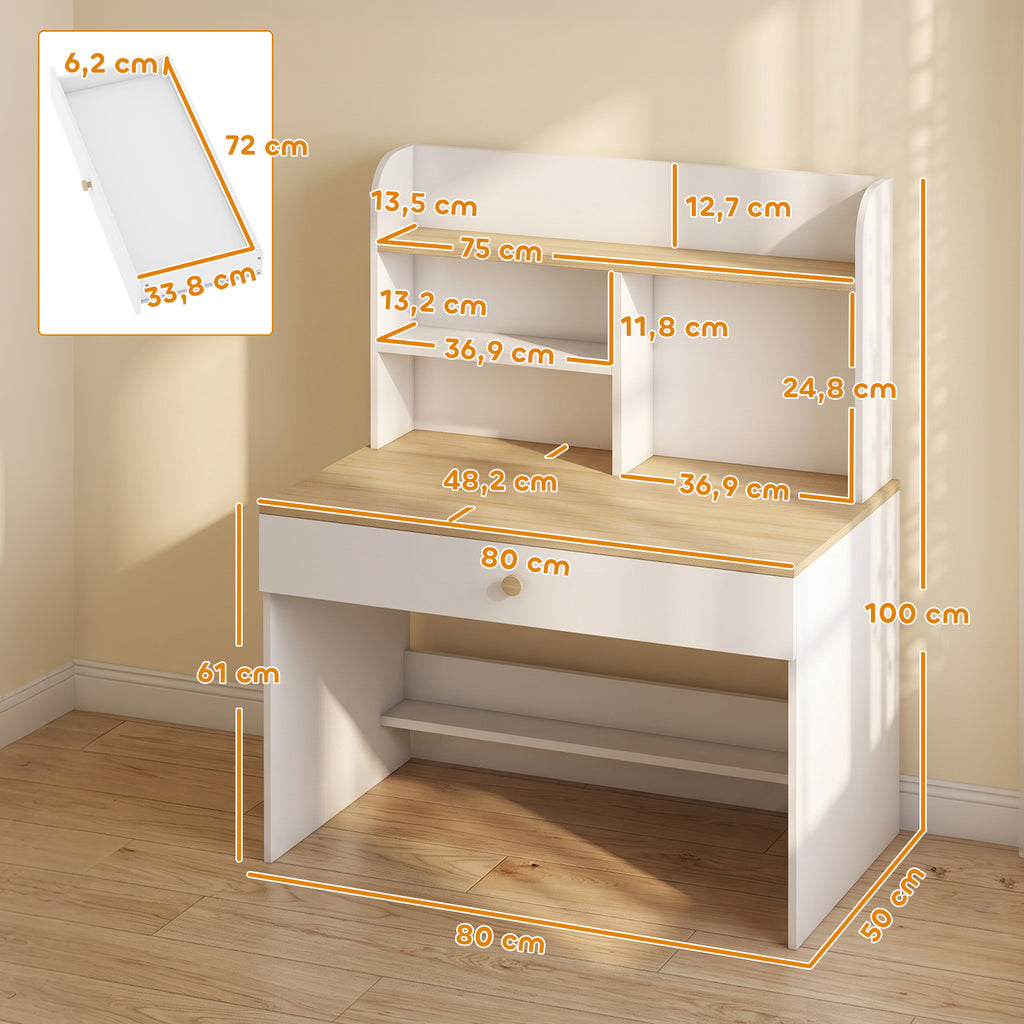 Bureau Enfant en Bois, Bureau avec Rangement, Plateau Large, Tiroir et Étagères Ouvertes, 80 x 50 x 100 cm, Blanc