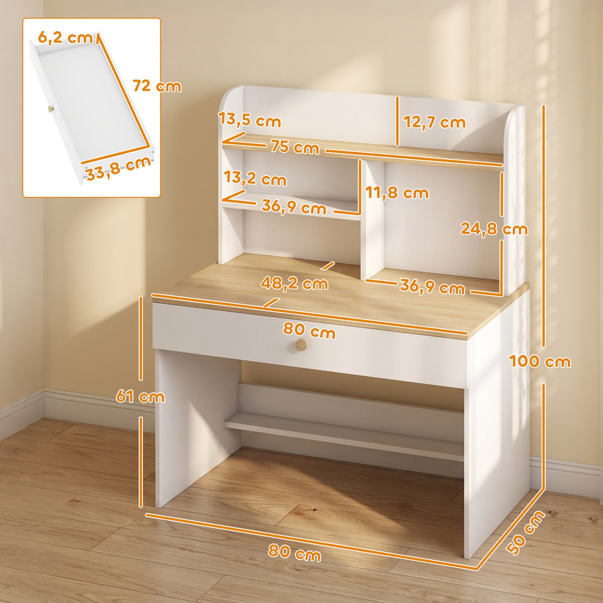 Bureau Enfant en Bois, Bureau avec Rangement, Plateau Large, Tiroir et Étagères Ouvertes, 80 x 50 x 100 cm, Blanc