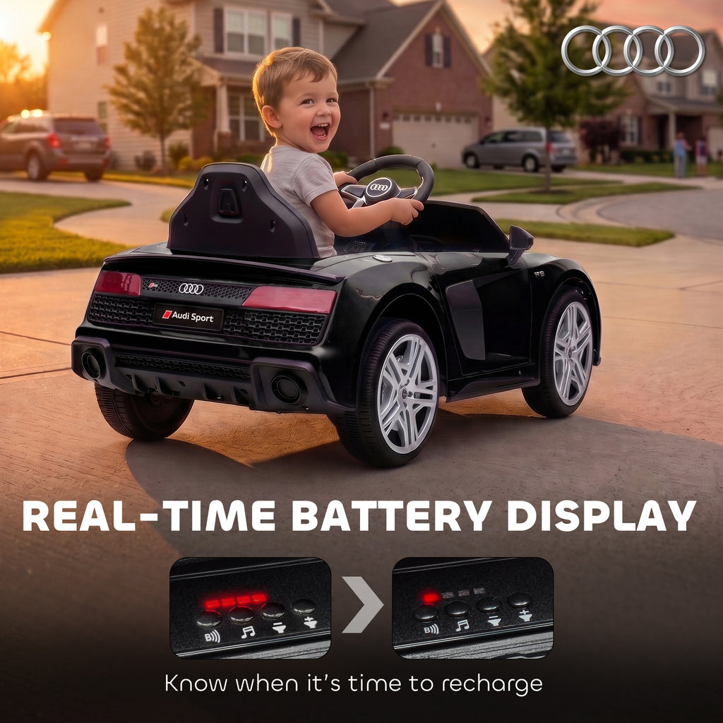 Voiture Électrique Enfants 12V Audi R8 Spyder, Véhicule Électrique, 2 Moteurs, Télécommande 2,4G, Batterie Lithium, Noir