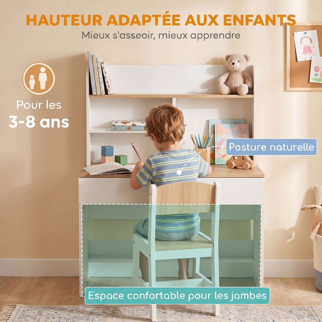 Bureau Enfant en Bois, Bureau avec Rangement, Plateau Large, Tiroir et Étagères Ouvertes, 80 x 50 x 100 cm, Blanc