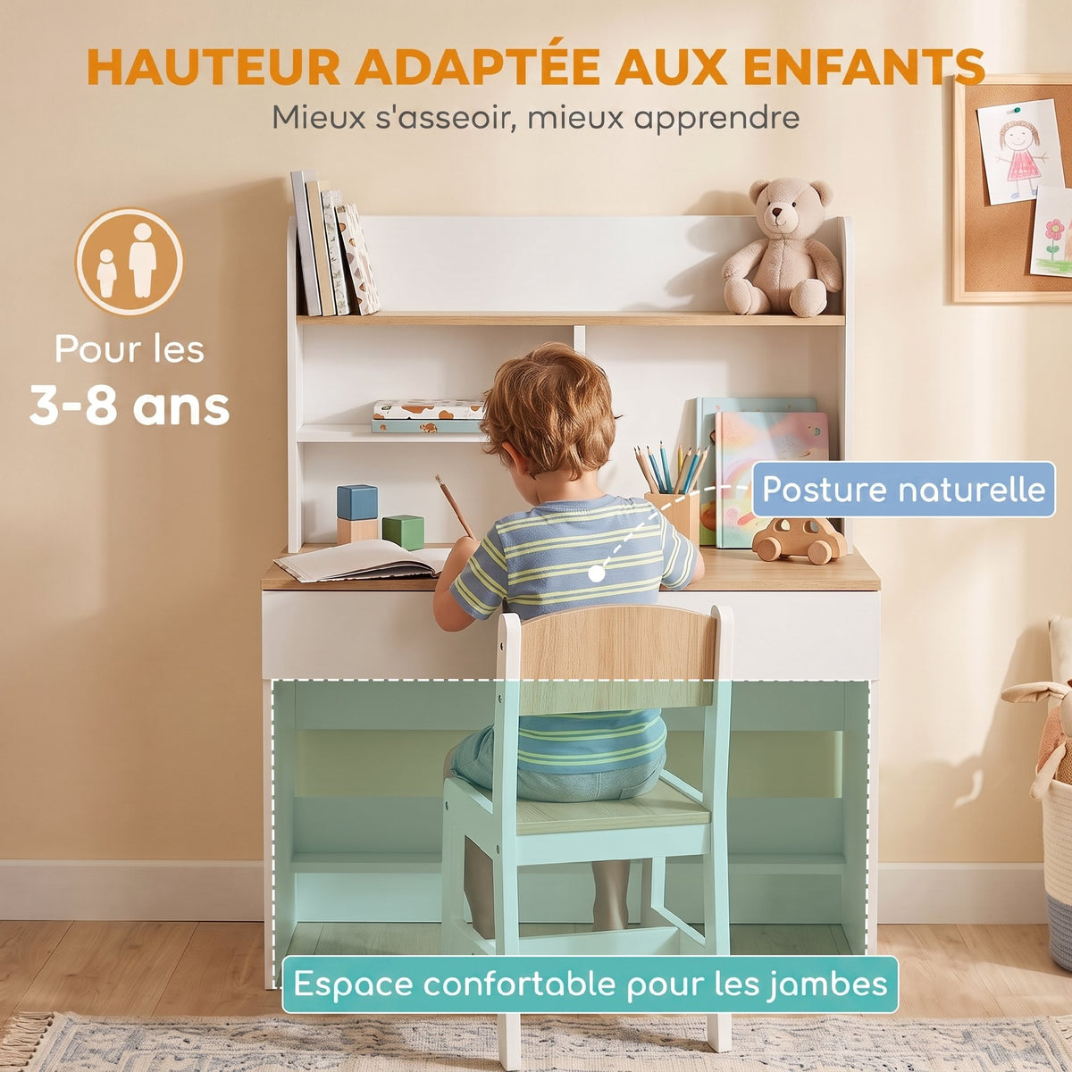 Bureau Enfant en Bois, Bureau avec Rangement, Plateau Large, Tiroir et Étagères Ouvertes, 80 x 50 x 100 cm, Blanc