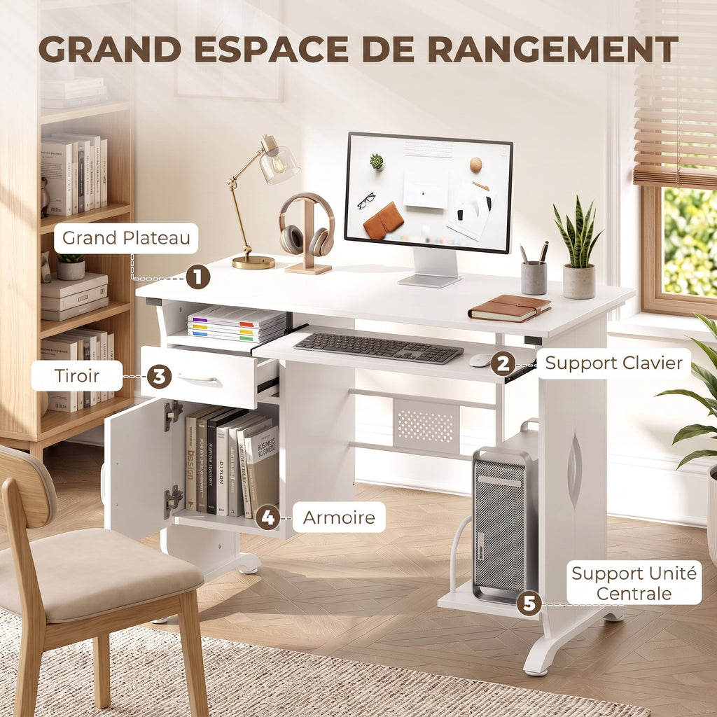 Bureau d'ordinateur, 100 x 52 x 75 cm, tablette coulissante pour clavier, tiroirs et support d'unité centrale, blanc