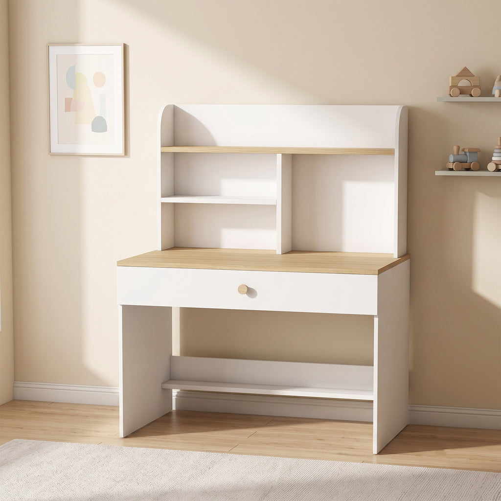 Bureau Enfant en Bois, Bureau avec Rangement, Plateau Large, Tiroir et Étagères Ouvertes, 80 x 50 x 100 cm, Blanc