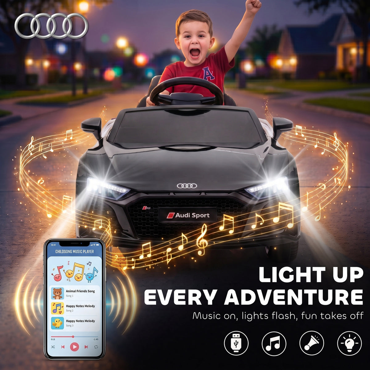 Voiture Électrique Enfants 12V Audi R8 Spyder, Véhicule Électrique, 2 Moteurs, Télécommande 2,4G, Batterie Lithium, Noir