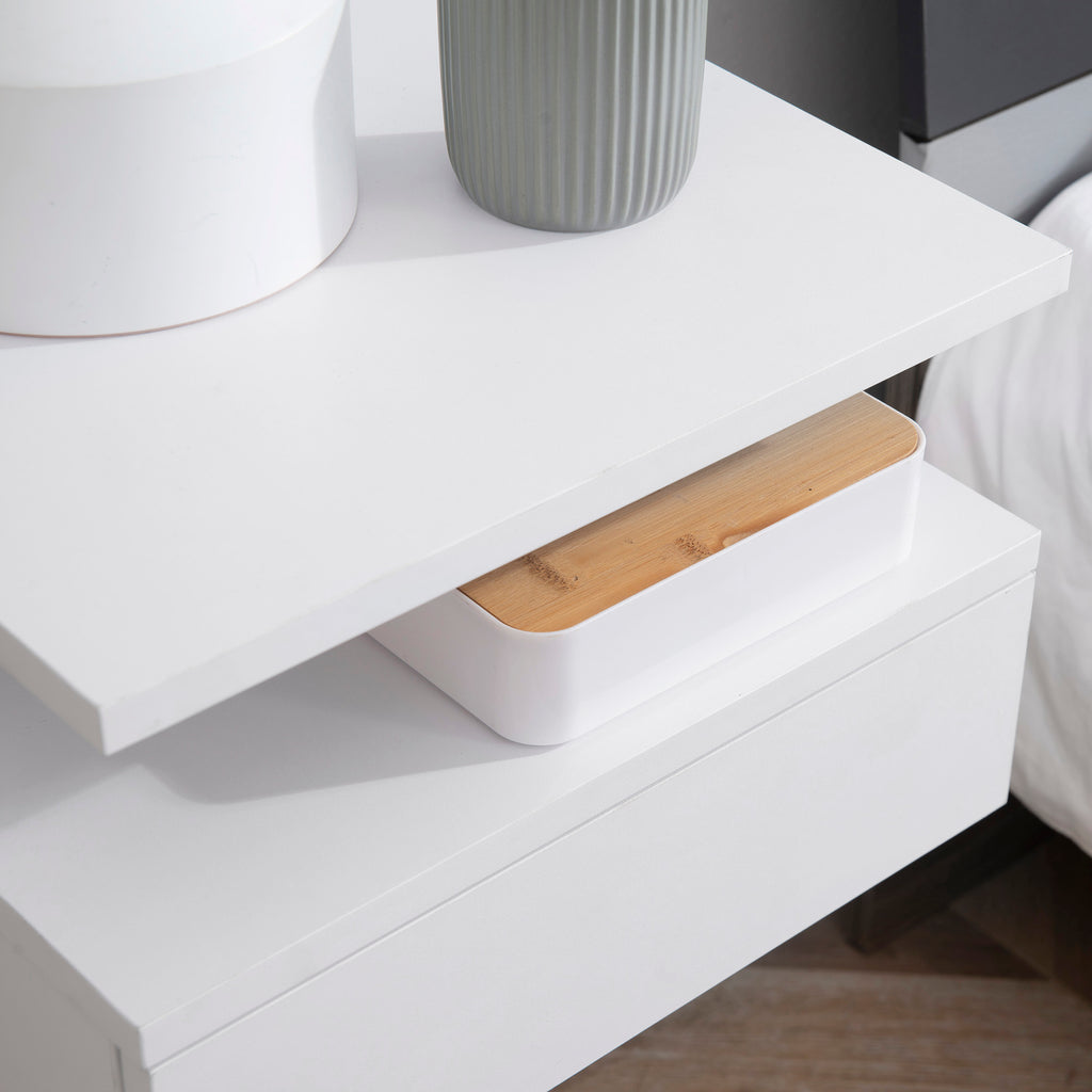 Lot de 2 tables de chevet murales, tables de nuit suspendues avec tiroir coulissant, compartiment ouvert, plateau, style moderne, pour chambre à coucher, 35 x 32 x 22,5 cm, blanc