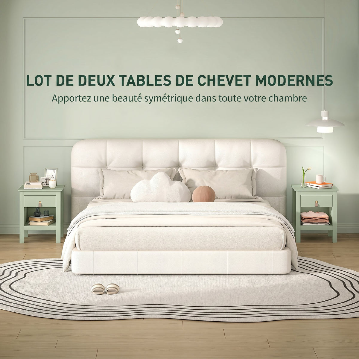 Lot de 2 tables de chevet avec tiroir et compartiment ouvert, 45 x 40 x 55 cm, vert