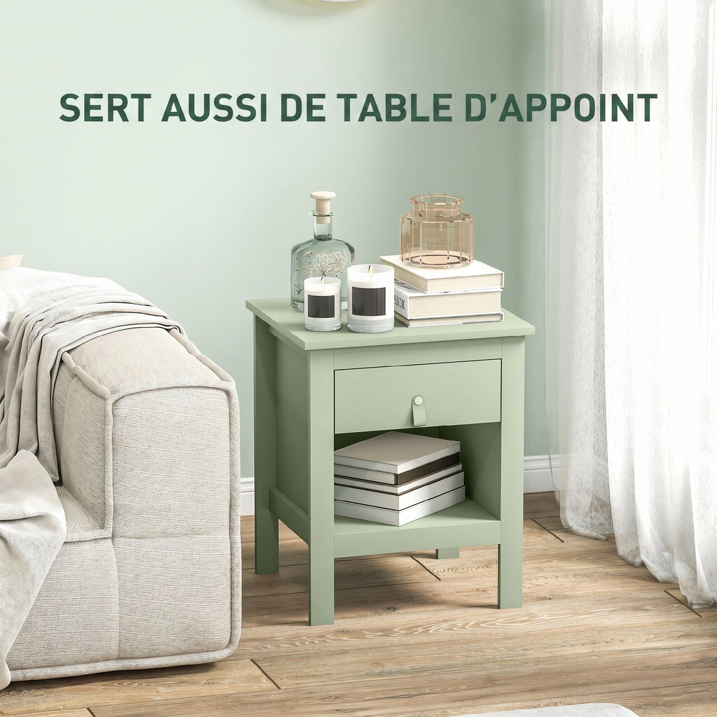 Lot de 2 tables de chevet avec tiroir et compartiment ouvert, 45 x 40 x 55 cm, vert