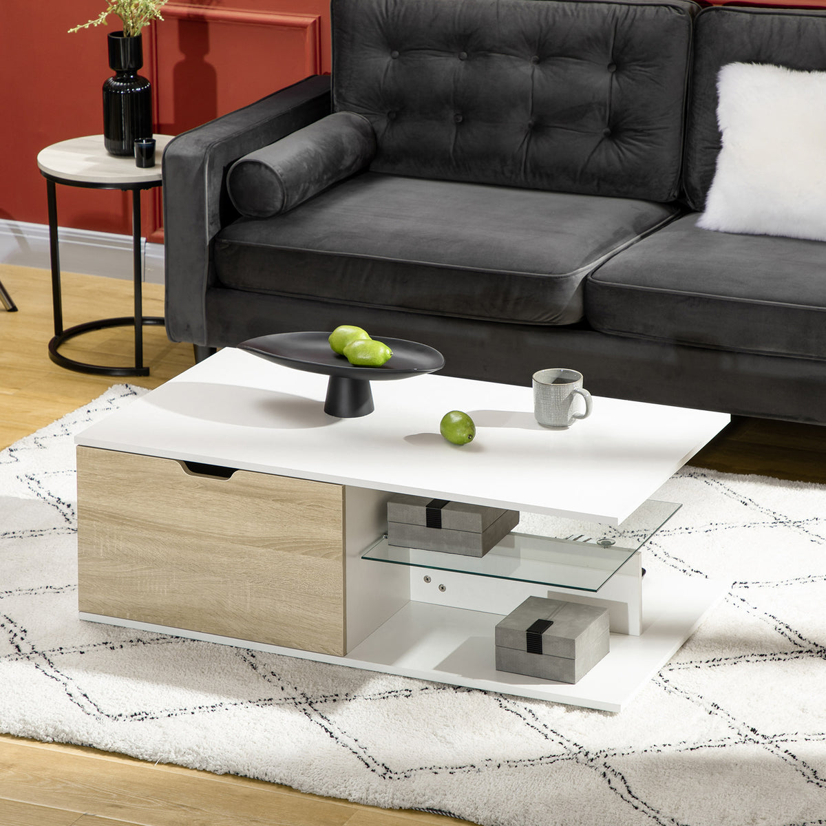 Table basse rectangulaire design contemporain 2 tiroirs 2 niches étagère verre trempé panneaux blanc aspect chêne clair
