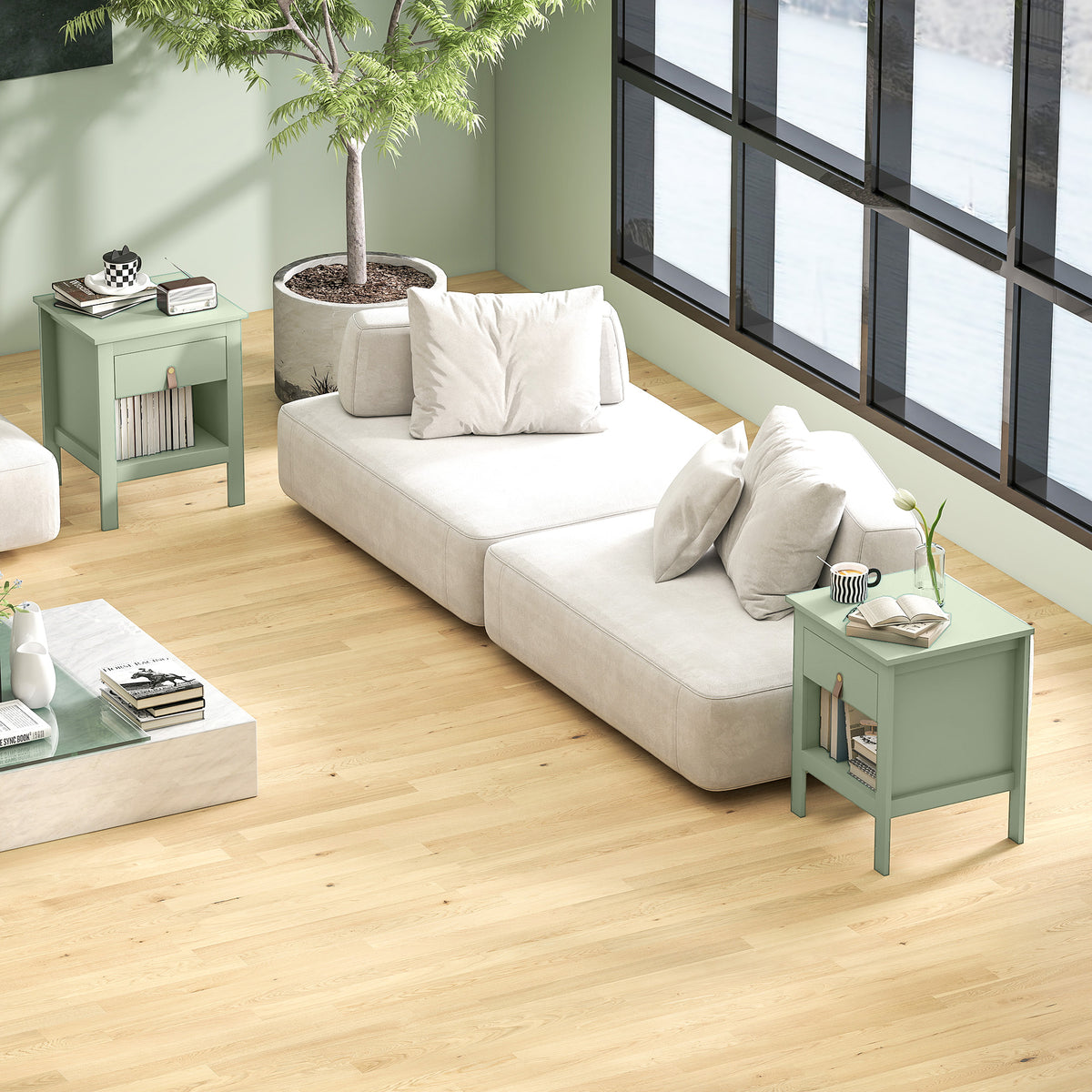 Lot de 2 tables de chevet avec tiroir et compartiment ouvert, 45 x 40 x 55 cm, vert