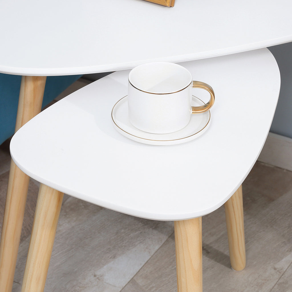 Lot de 2 tables basses gigognes design scandinave pieds en bois et plateau en bois, blanc