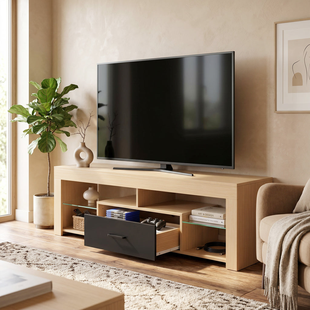 Meuble TV 140 cm, Meuble Télé pour 65 Pouces avec Étagères en Verre Réglables, Tiroir et Compartiments Ouverts, Chêne