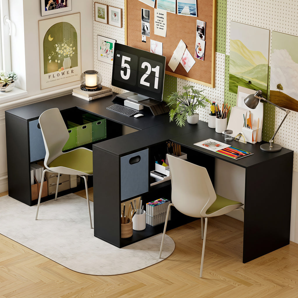 Bureau d'angle, bureau d'ordinateur avec tiroir en tissu et compartiments ouverts, 110 x 100 x 75 cm, noir