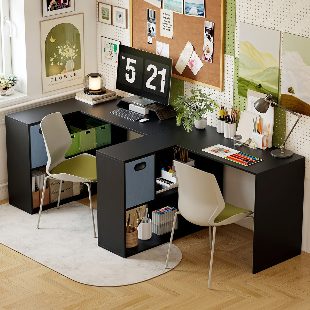 Bureau d'angle, bureau d'ordinateur avec tiroir en tissu et compartiments ouverts, 110 x 100 x 75 cm, noir