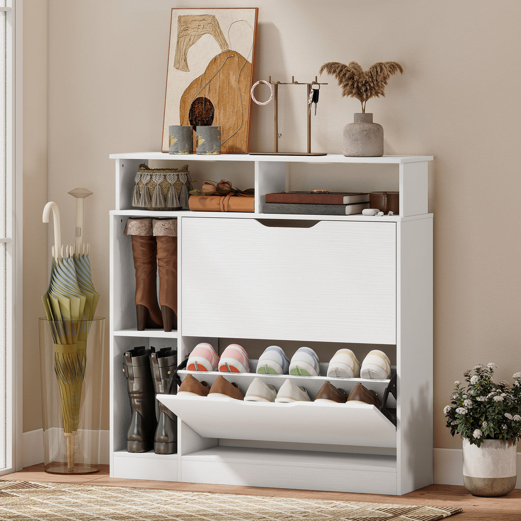 Meuble à chaussures, armoire à chaussures, 2 tiroirs rabattables, compartiments ouverts et étagère réglable, blanc