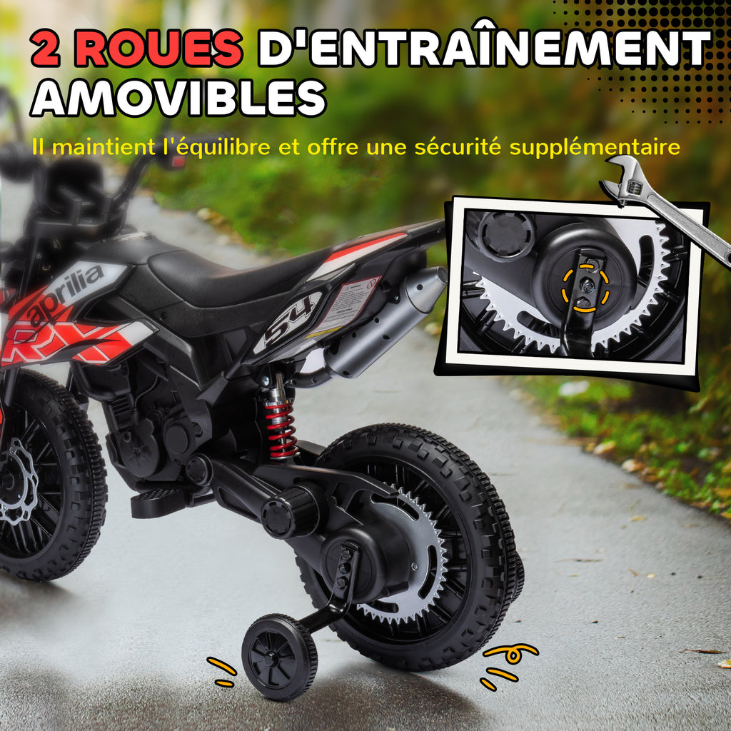 Moto électrique enfants sous licence Aprilia avec 2 moteurs 12V, roues d'entraînement, lumière LED, musique - rouge
