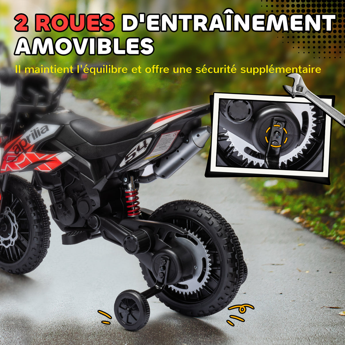 Moto électrique enfants sous licence Aprilia avec 2 moteurs 12V, roues d'entraînement, lumière LED, musique - rouge