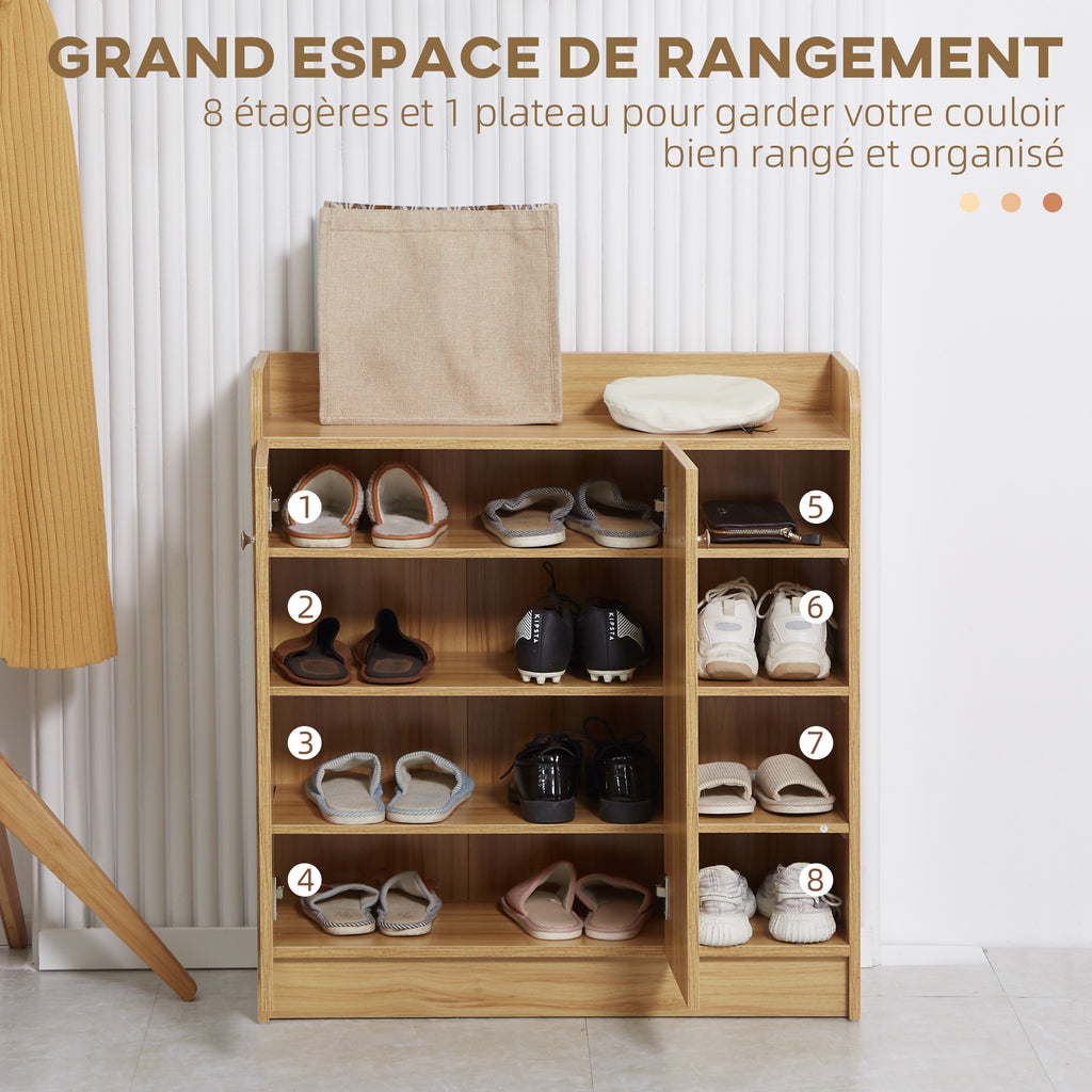 Meuble de rangement à chaussures pour entrée avec 4 compartiments ouverts et placard double porte - étagère réglable